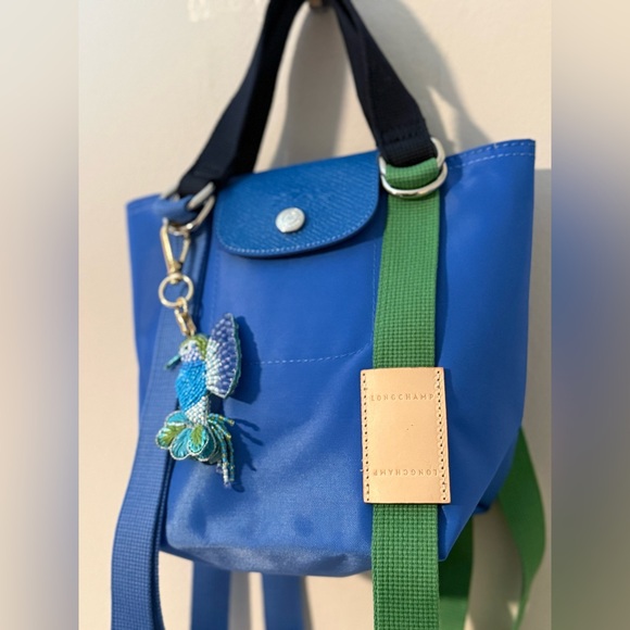 Longchamp Blue Mini Tote with Green Strap and Bird Charm - Picture 3 of 7